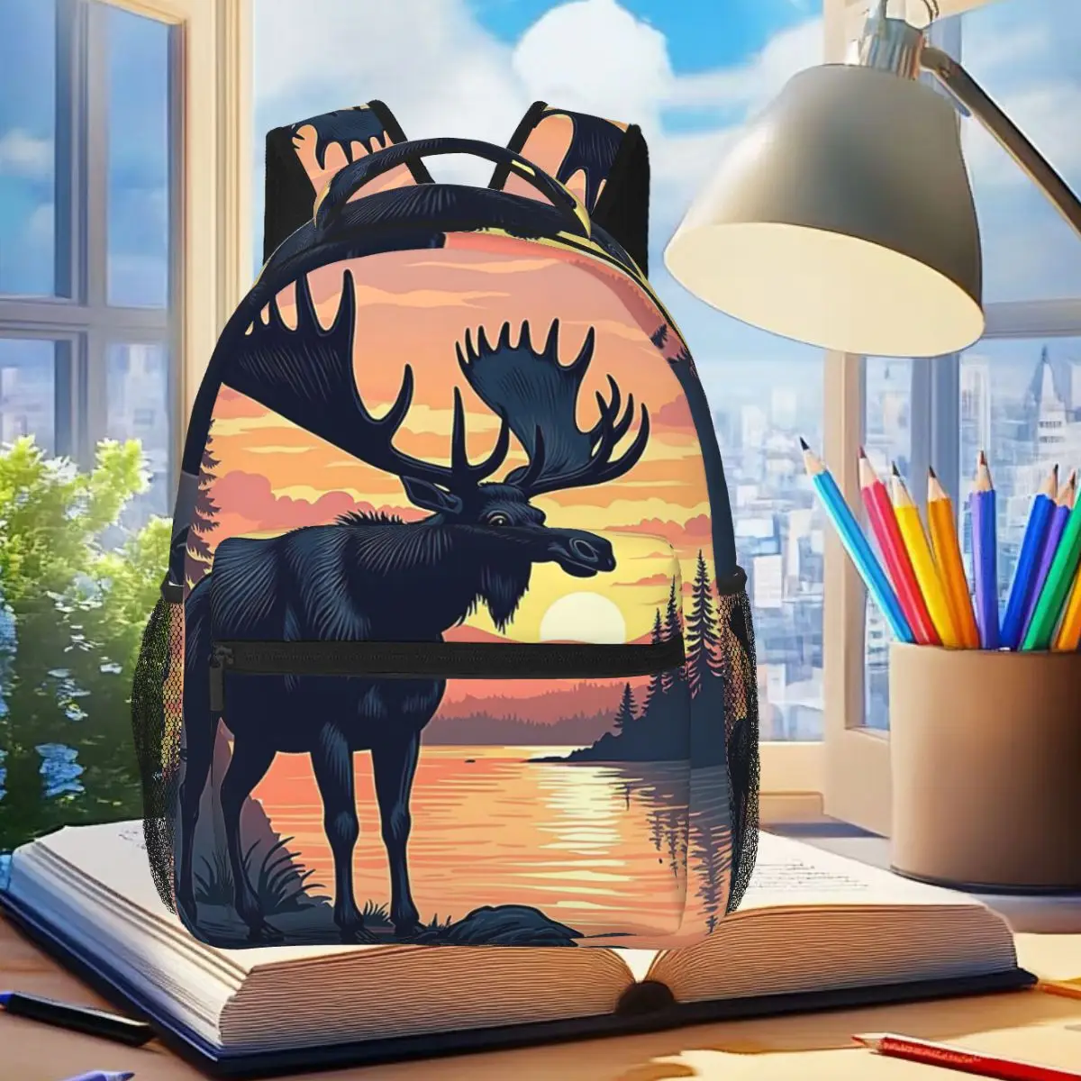 

Moose At Sunset And Pine Tree Backpack Student Boys Girls BookBag Kids School Bag Laptop Shoulder Bags for Men Women