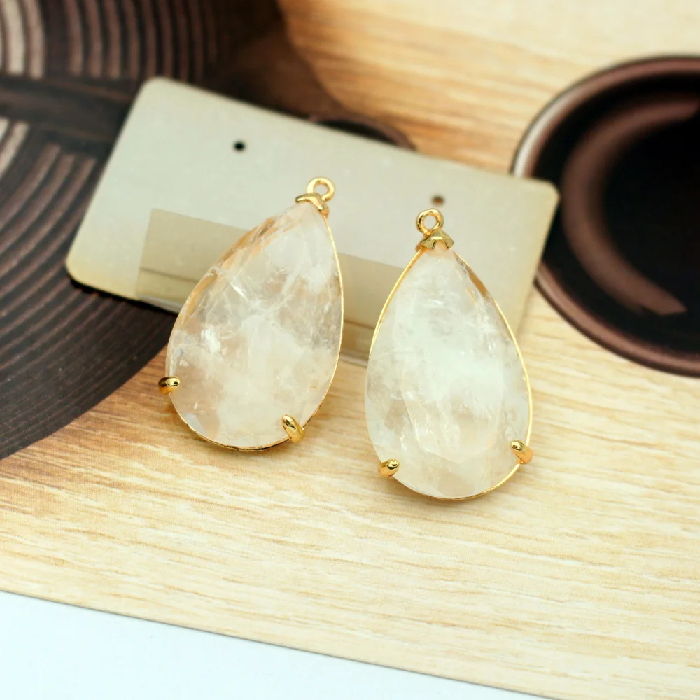 6pcs Faceted Natural Stone Water Drops Pendants Labradorite Amethyst Stone CZ Paved Charms For DIY Handcrafts Earrings Jewelry