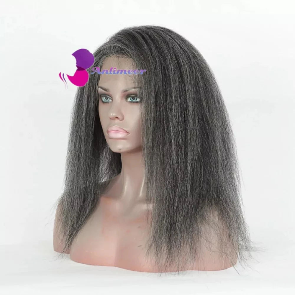 Kinky Straight Wig Hair Replacement Wigs Highlight Black and Gray Wig Lace Front Wigs Human Hair 150% Density for Women