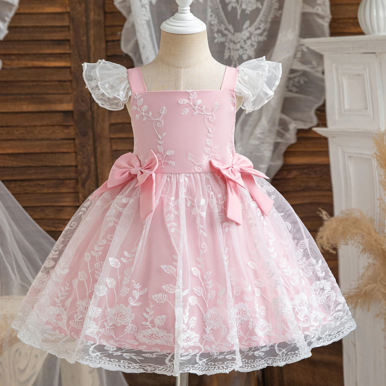 Baby Girls Lace Dresses Backless Wedding Evening Ball Gowns Embroidery Elegant Ceremony Costumes Birthday Party Princess Dress