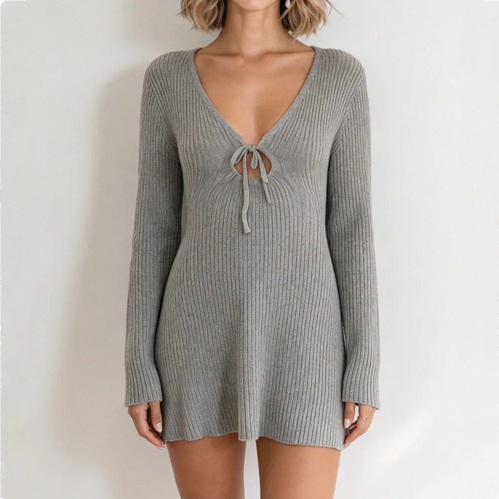 Autumn Women Drawstring Lacing Up Hollow Out V Neck Rib Knitted Sweater Dress Long Sleeve Slim Fit Dresses Short Knitwear Robe