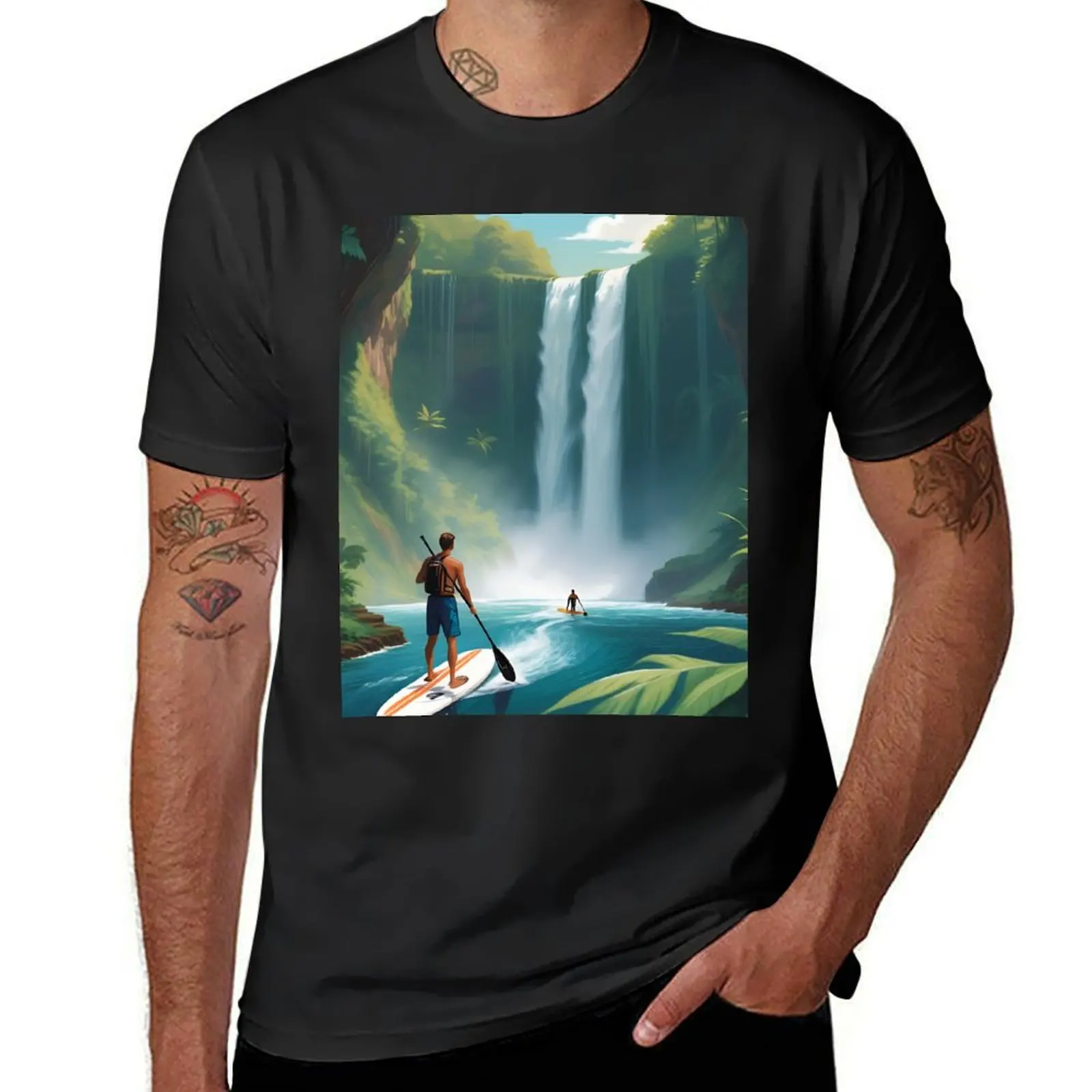 A paddle boarder admiring a majestic waterfall from his boat T-Shirt new edition quick drying sweat plain black t shirts men