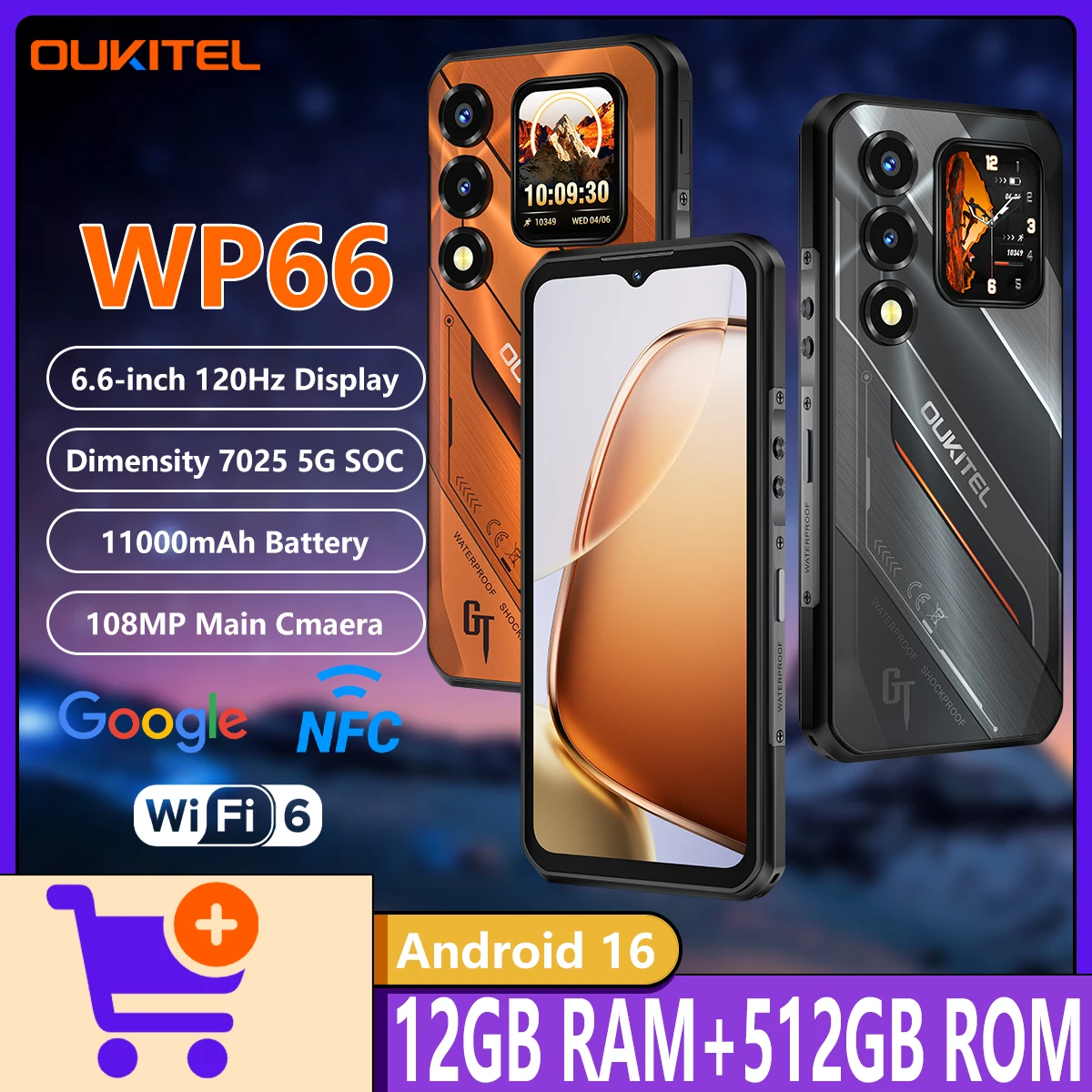 2026 OUKITEL WP66 5G ラギッドフォン Dimensity 7025 5G Android 16 12GB+512GB 108MPカメラ 6.6インチ 120Hzディスプレイ 11000mAhバッテリー