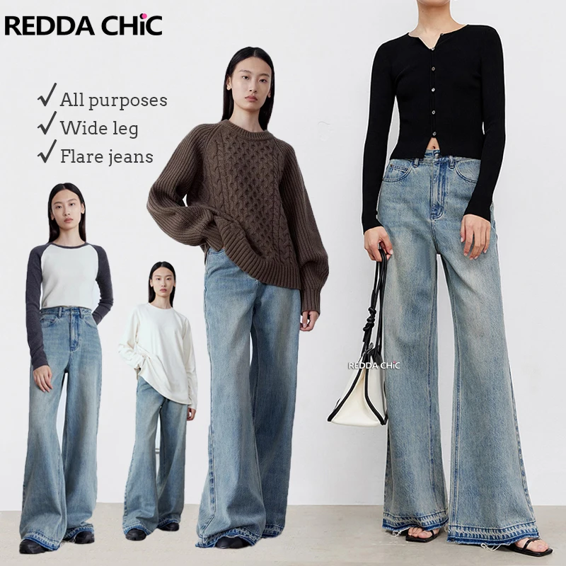 

ReddaChic Women's Brushed Flared Baggy Jeans Retro Blue Frayed Wide Leg Casual High Waist Boot Cut Pants Korean Y2k Streetwear