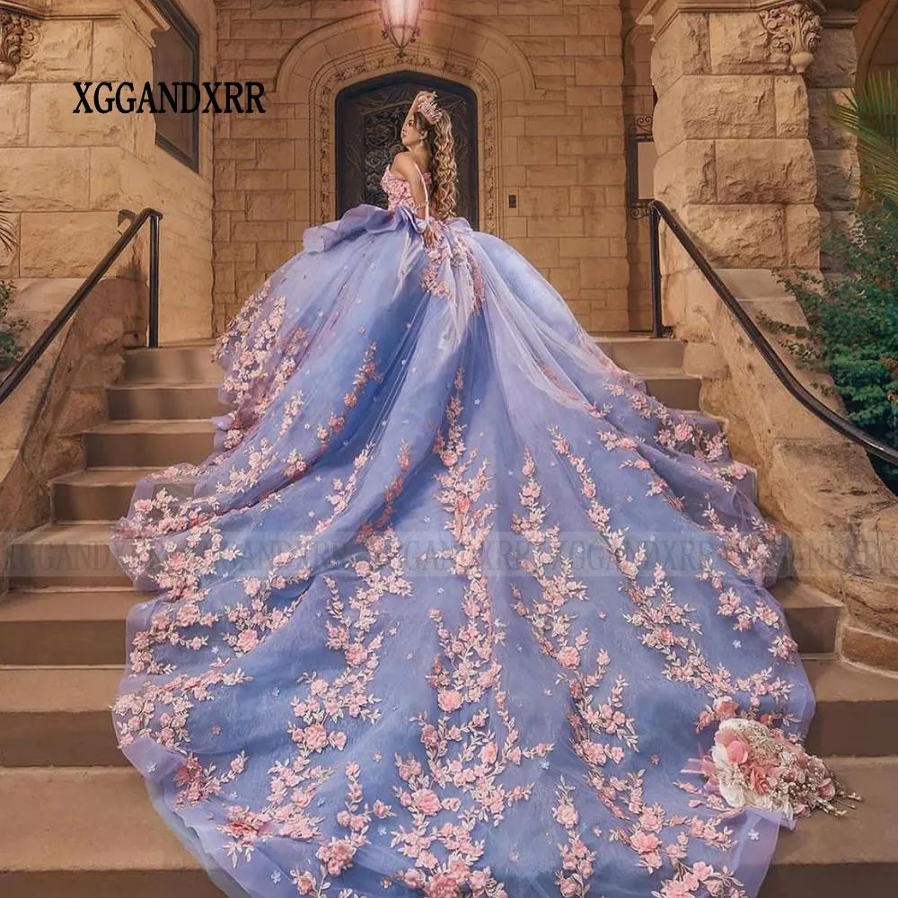 Vestido para Quinceañera, traje De baile azul con escote Corazón, flor, hombros descubiertos, dulce 16, cola larga, talla grande, 15, 2024