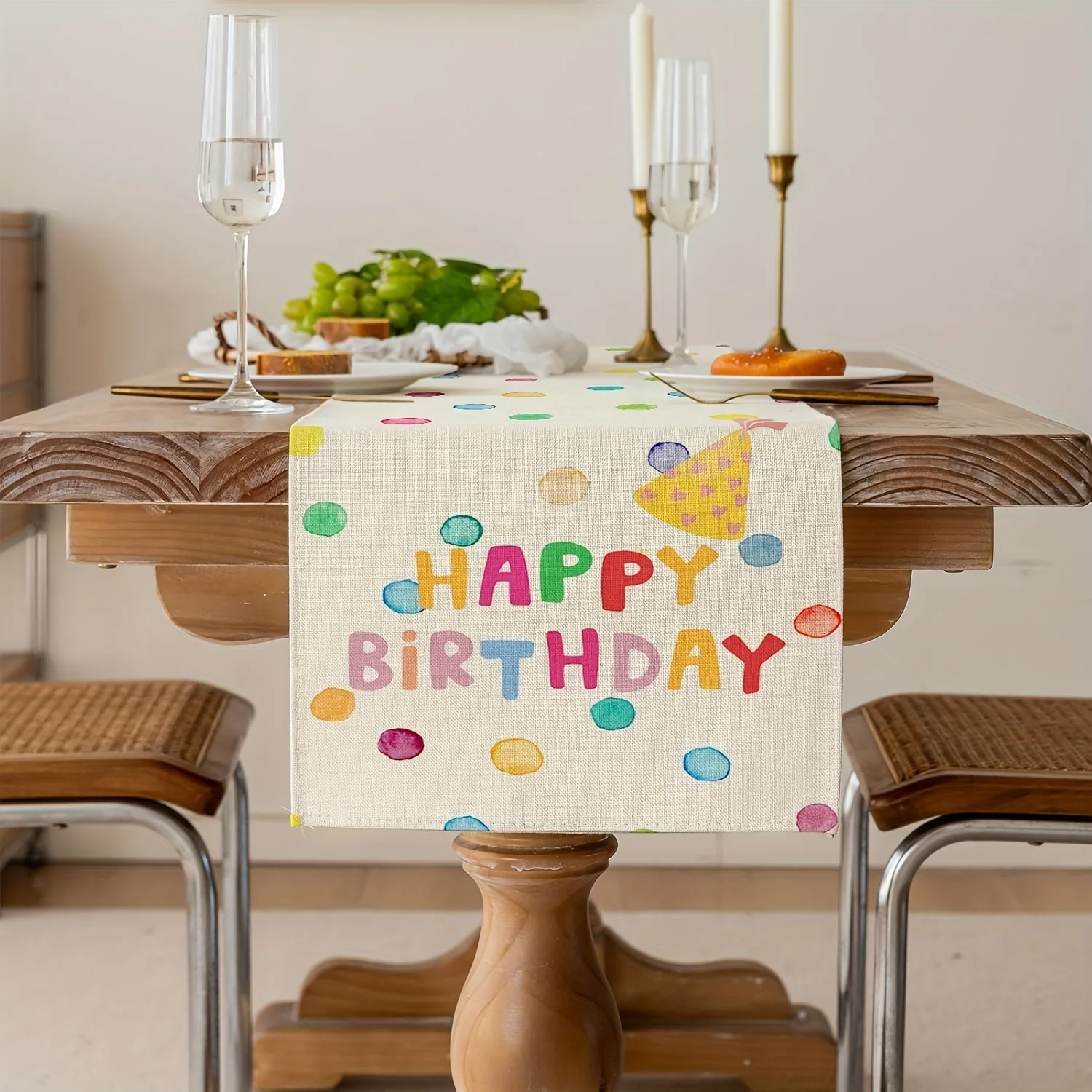 Happy Birthday Polka Dot Table Runner 2D Single Print Vibrant Durable Wrinkle Decoration Party Dinner Gathering Home Kitchen Use