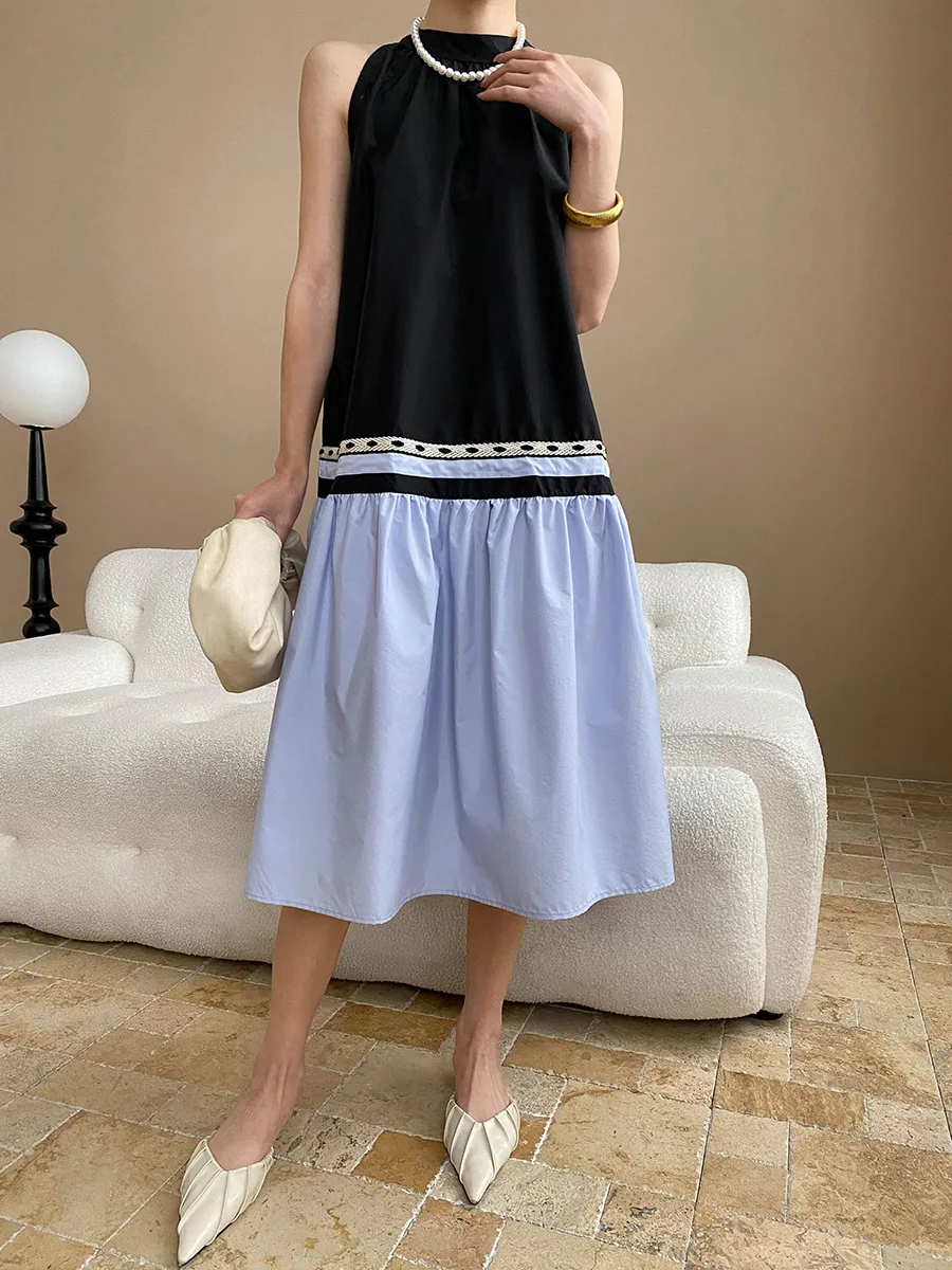 

Spring and summer women's casual solid color patchwork semi high neck sleeveless loose dress