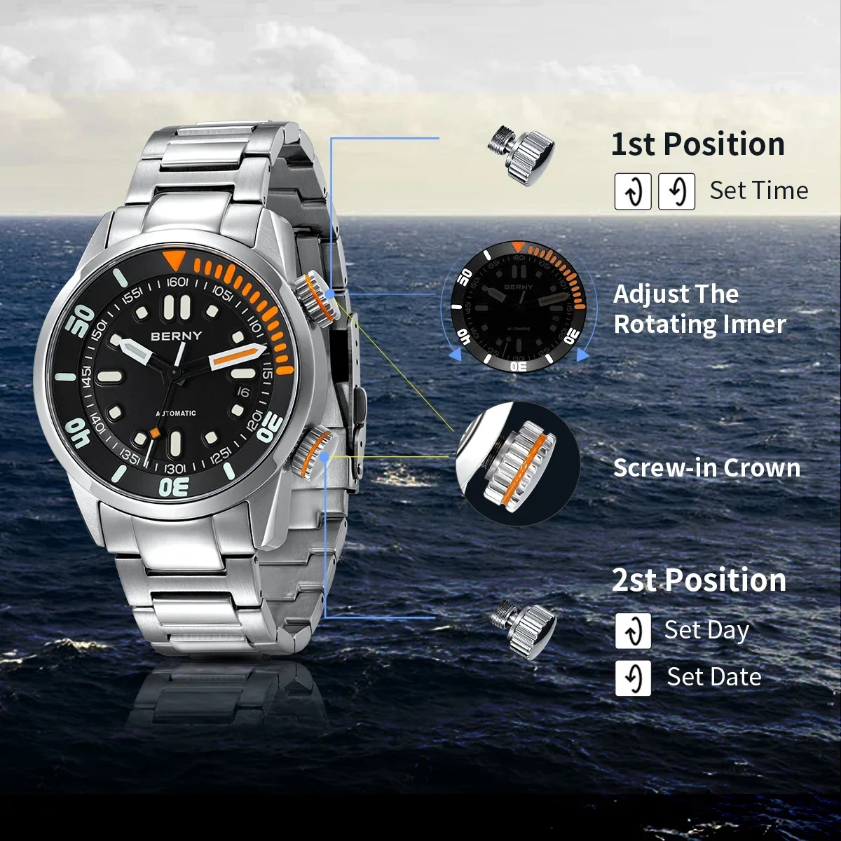 BERNY Automatic Dive Watch for Men Super Luminous Original Design 20ATM Man Wristwatch Sapphire Swim Sport Mechanical Male Watch