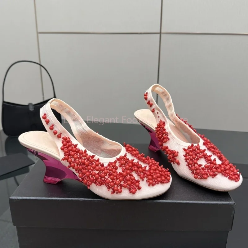 

Black Mesh String Bead Hollow Wedges Sandals Women Shallow Buckle Strap Slingback High Heels Sweet Elegant Party Banquet Shoes