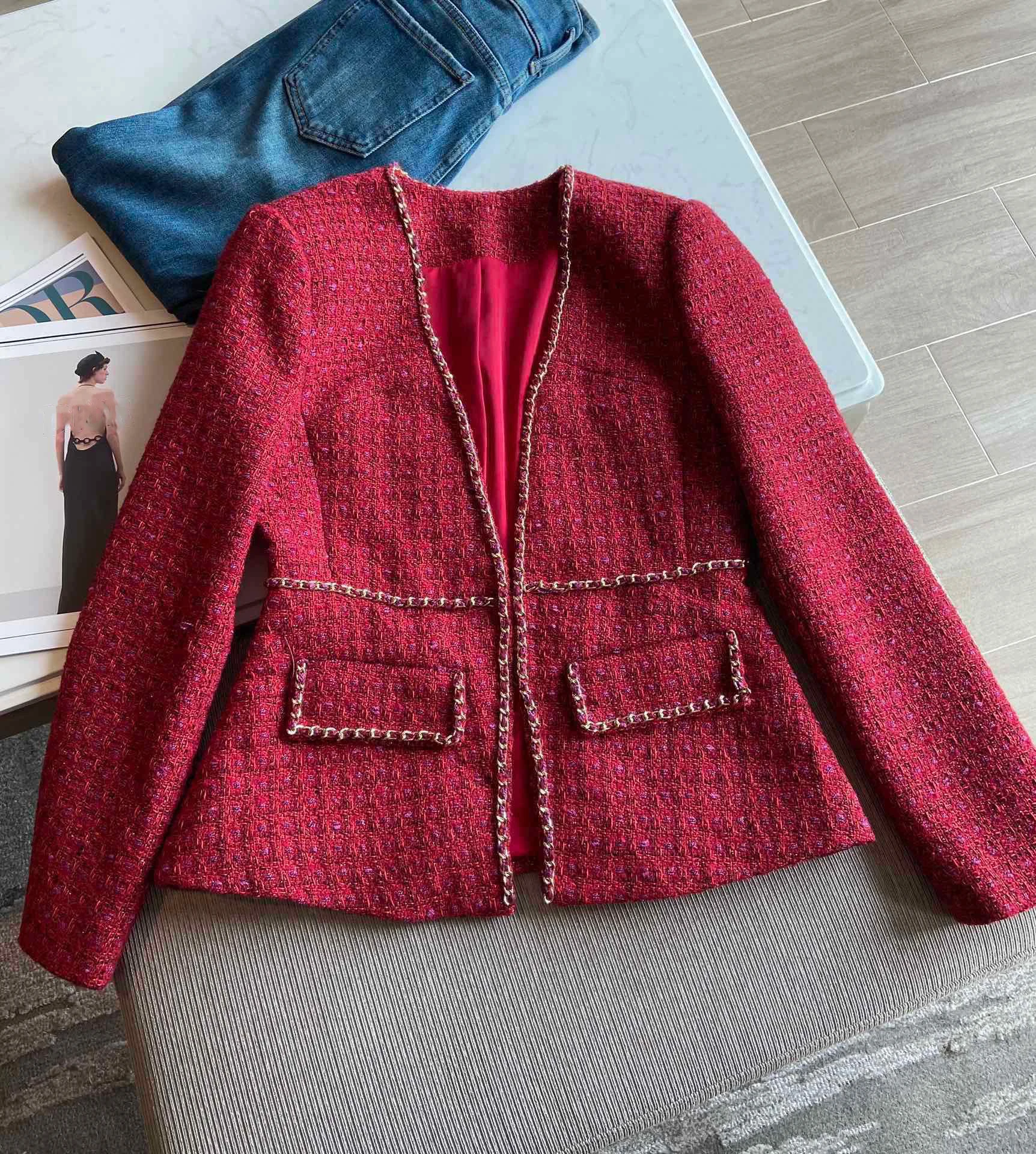 EVACANDIS Women New Wool Blended Red Coat Tunic Chain Elegant Solid Vintage Autumn Winter Office Lady Outwear Runway Designer