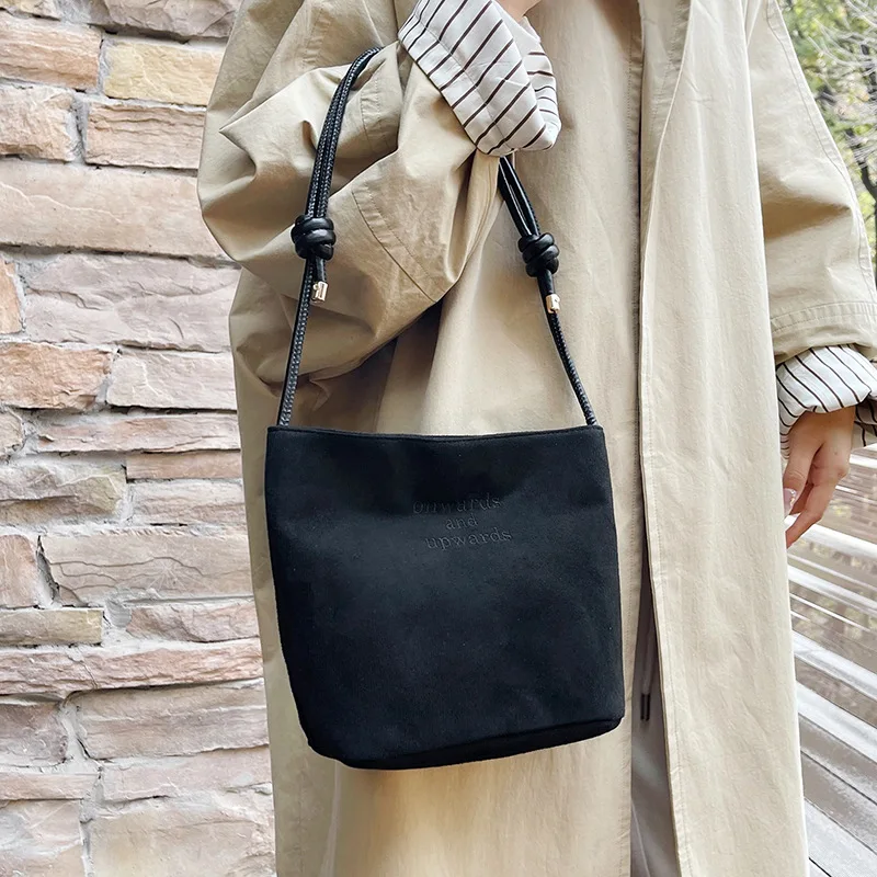 Women Retro Suede Bucket Bag Knotted Handle Letter Embroidery Shoulder Bag Casual Daily Tote Handbag