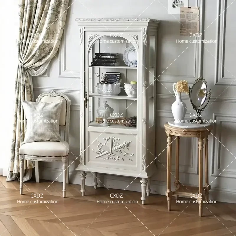 Solid Wood Wine Cabinet White Carved Glass Door Storage Cabinet for Living Room Dining Room Small Household Sideboard