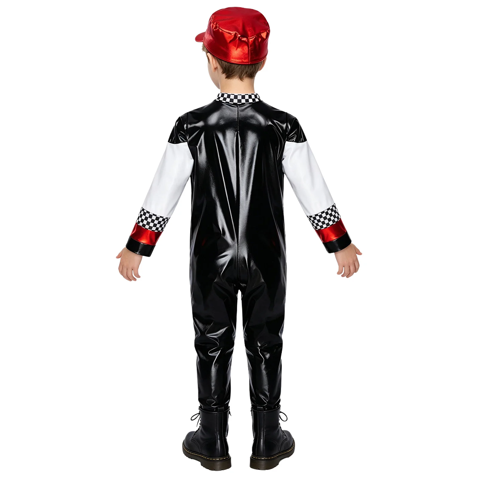 Kids Boys Halloween Racing Outfit Race Car Driver Costume Long Sleeve Front Zipper Checkerboard Color Block Jumpsuit with Hat