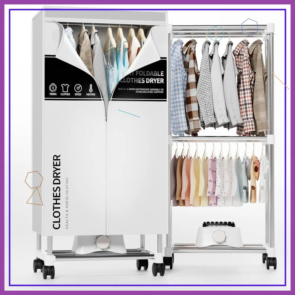 Secador de roupas portátil, guarda-roupa de secagem de 60 polegadas com temporizador, rack de secador elétrico de grande capacidade para apartamento doméstico