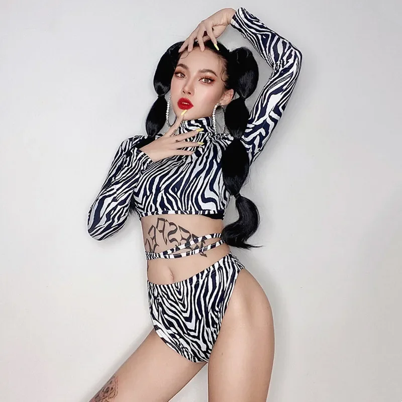 バーナイトクラブゴーゴーショーコスチュームゼブラ柄ビキニ2ピースセットDJ女性ダンサーポールダンスステージウェアレイブパフォーマンス衣装