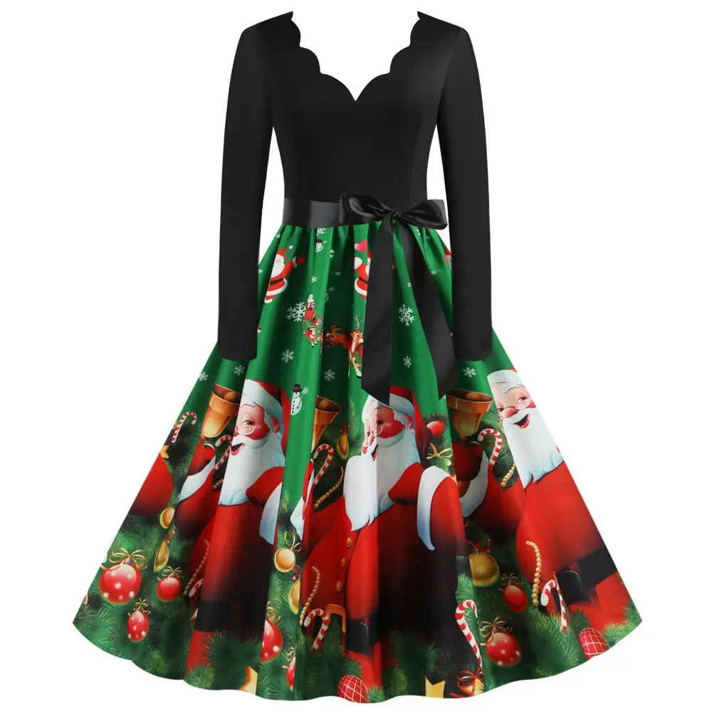 Long-sleeved Dress V-neck Dress Printed Dress Christmas Dress Dress Ladies Christmas Dress Swing Skater Dress