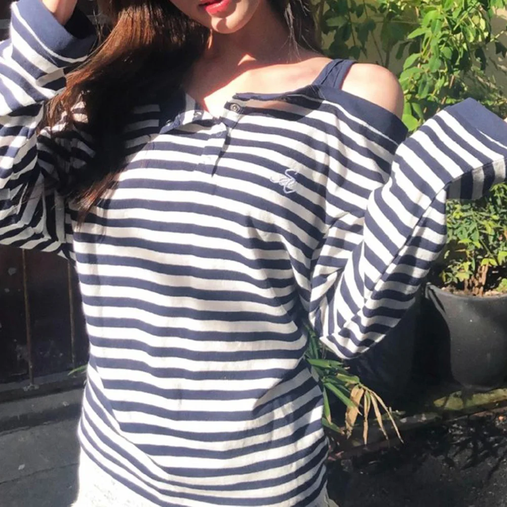 

Fashionable Stripe Blouse One-Shoulder Long Sleeve Ideal For Daily Wear Moderate Elasticity Perfect For Vacations