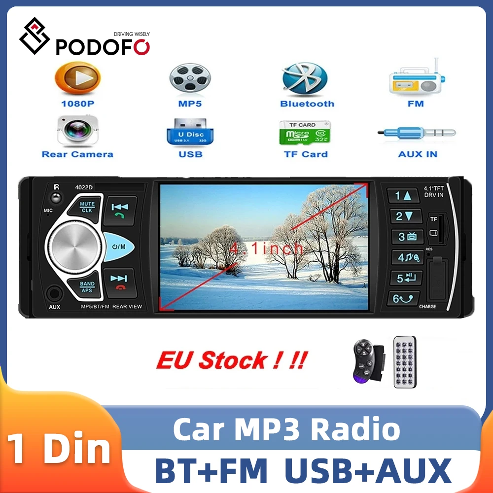 Podofo 1 Din MP5 Player Car Stereo Steering Wheel Control Bluetooth FM USB Autoradio 4.1 Inch Remote Control Car Audio