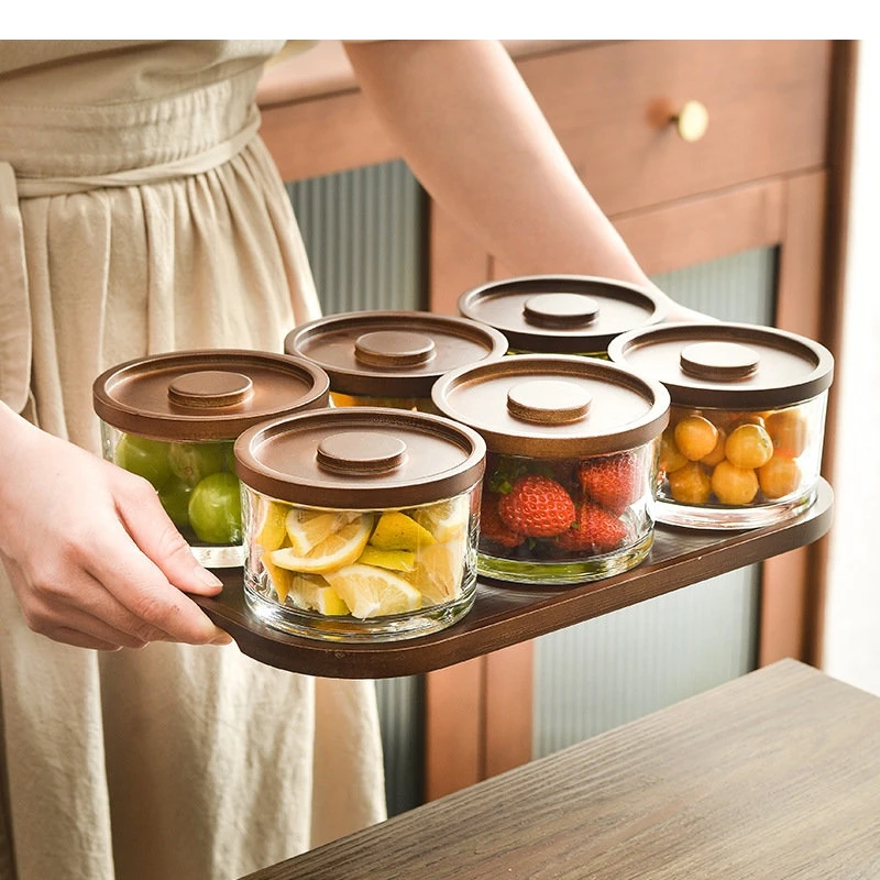 Wooden Lid Glass Storage Box Household Sealing and Dust Proof Dried Fruit Moisture Snack Candy Boxes