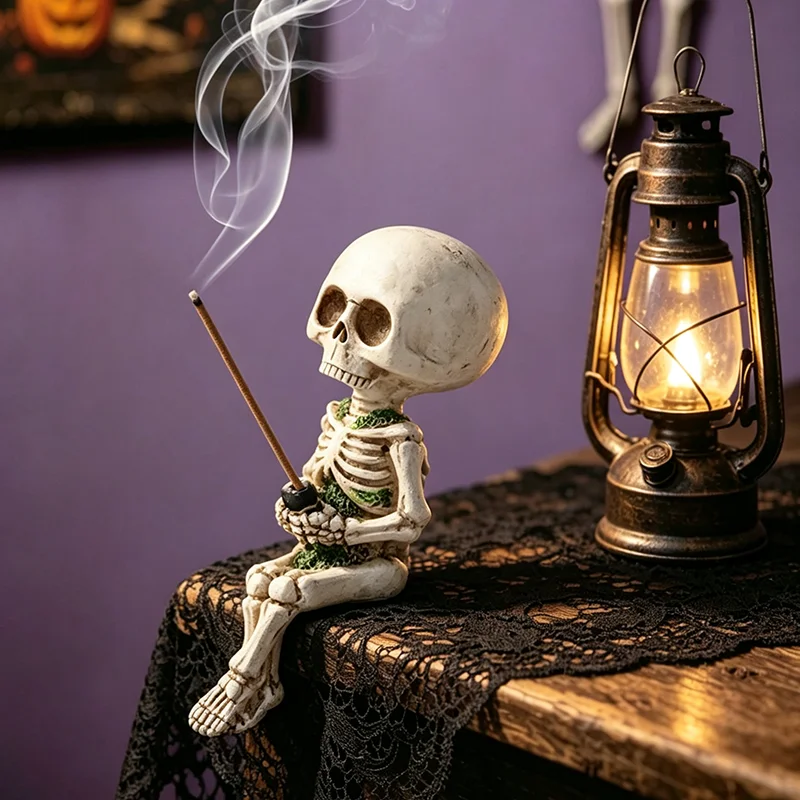 2026 New Gothic Resin Skeleton Incense Holder Edge‑Sitter Figurine Moss Detail Desktop Ornament Halloween Table Home Decor Gift