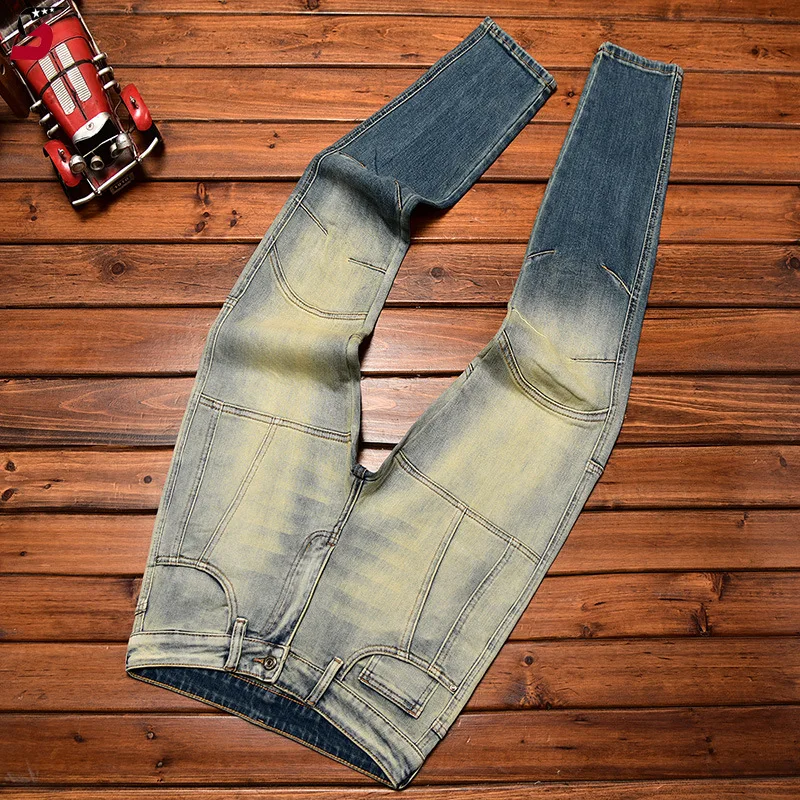 Retro gradient jeans for men 2024new autumn fashion high-end fashion slim fit skinny locomotive style nostalgic denim long pants