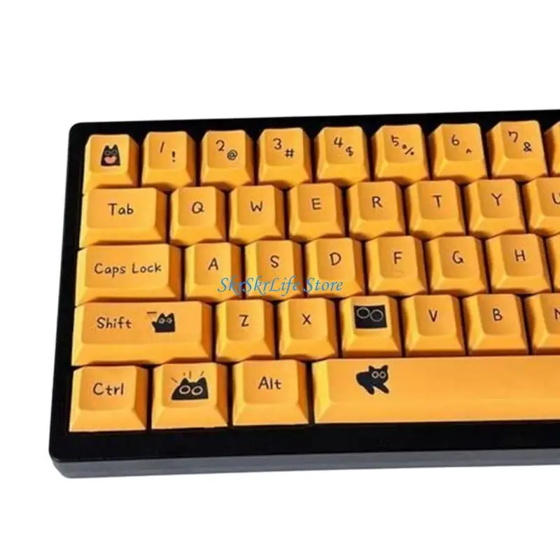 

E65E Cartoon Keycaps Set 126Keys Heat Sublimated Little Black Kitten Keycap Unique