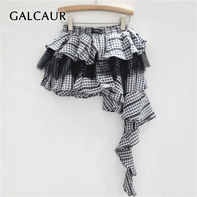 

GALCAUR Hit Color Plaid Spliced Mesh Irregular Mini Skirts for Women High Waist Patchwork Ruffles Folds Elegant Skirt Female New