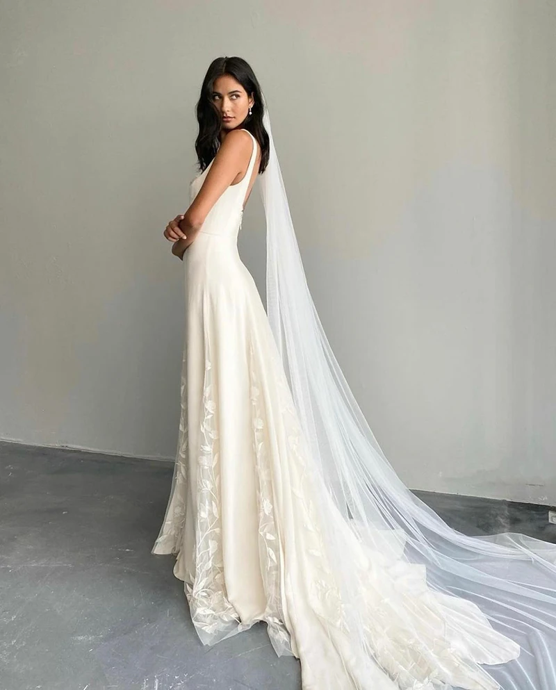 Smileven Ivoor Trouwjurk Zachte Satijn Vierkante Hals Strand Bruid Jurken Trein Elegant Wedding Boho Bruidsjurken 2022