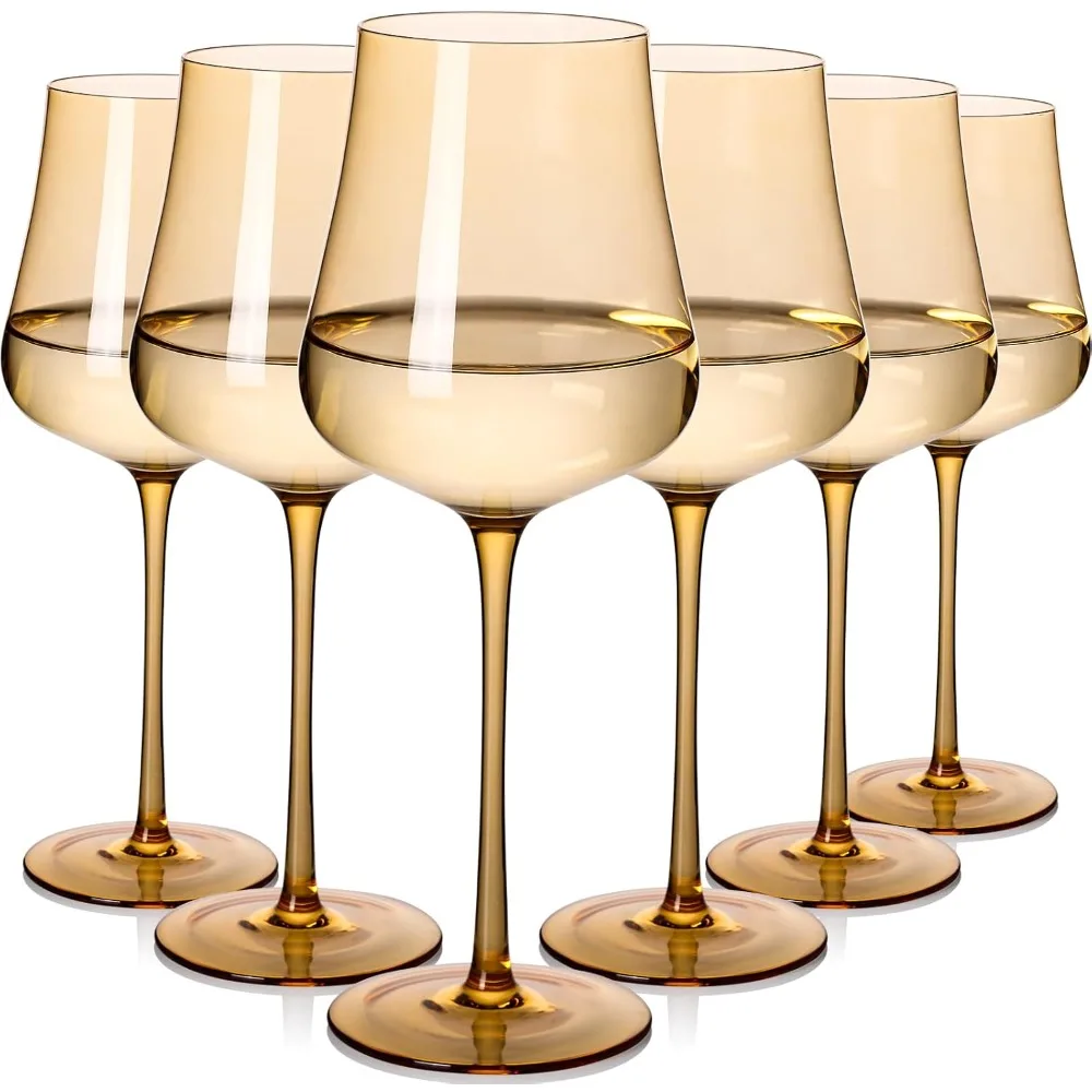 

A set of 6 18-ounce amber hand-blown colored wine glasses, a unique gift for birthdays, weddings, and housewarmings.