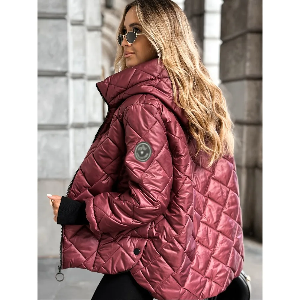 Herbst und Winter Neue Mode Kapuzen-Modejacke Lose Langarm Patchwork Baumwolljacke Damen Winterjacke Gesteppter Mantel – Detail 7
