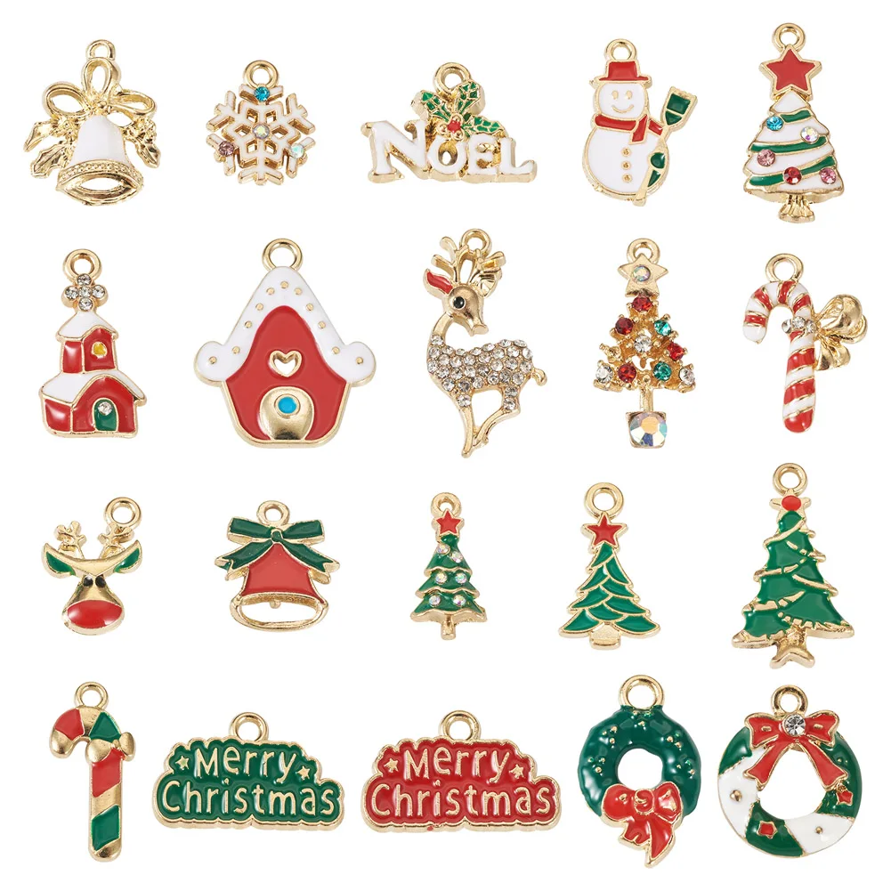 40pcs Christmas Alloy Enamel Pendant Crystal Rhinestone Santa Claus Wreath Dangle Charms for Xmas Jewelry Making DIY Findings