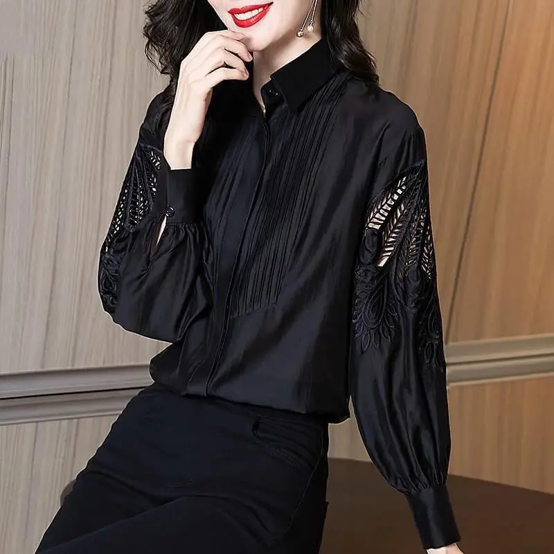 Elegant O-Neck Loose Embroidery Lantern Sleeve Blouse Women\'s Clothing 2023 Autumn New Oversized Casual Tops Office Lady Shirt