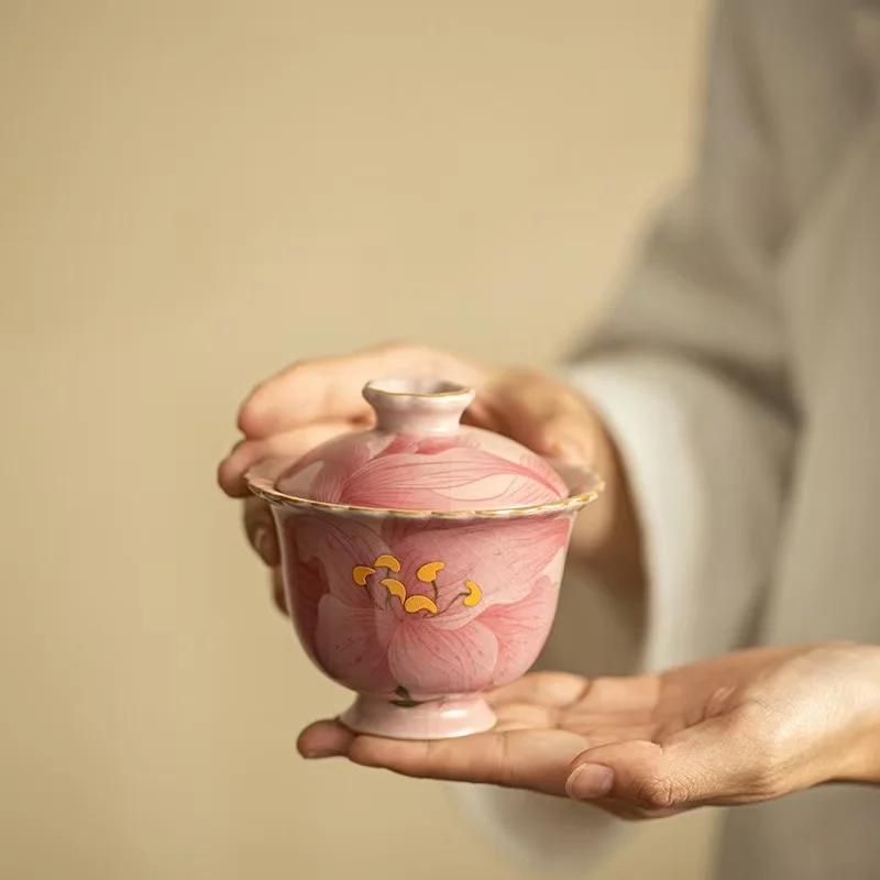 

100ML National Lily Imitation Song Cover Bowl Powder Ru Kiln Two Cover Bowl Flower Mouth TeaBowl Ceramic Exquisite KungFu TeaSet