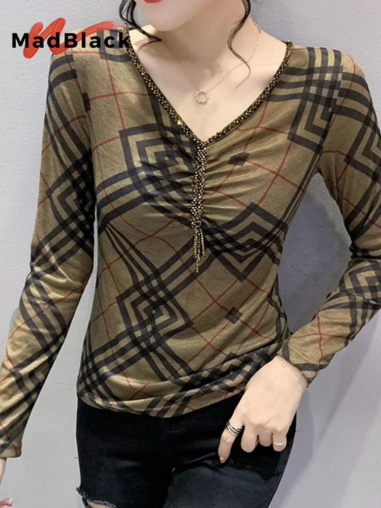 MadBlack Mùa Thu Mùa Xuân Châu Âu Quần Áo Áo Thun Vòng Cổ Sexy Da Báo Đính Hạt Nữ Áo Mới TEE T22020X