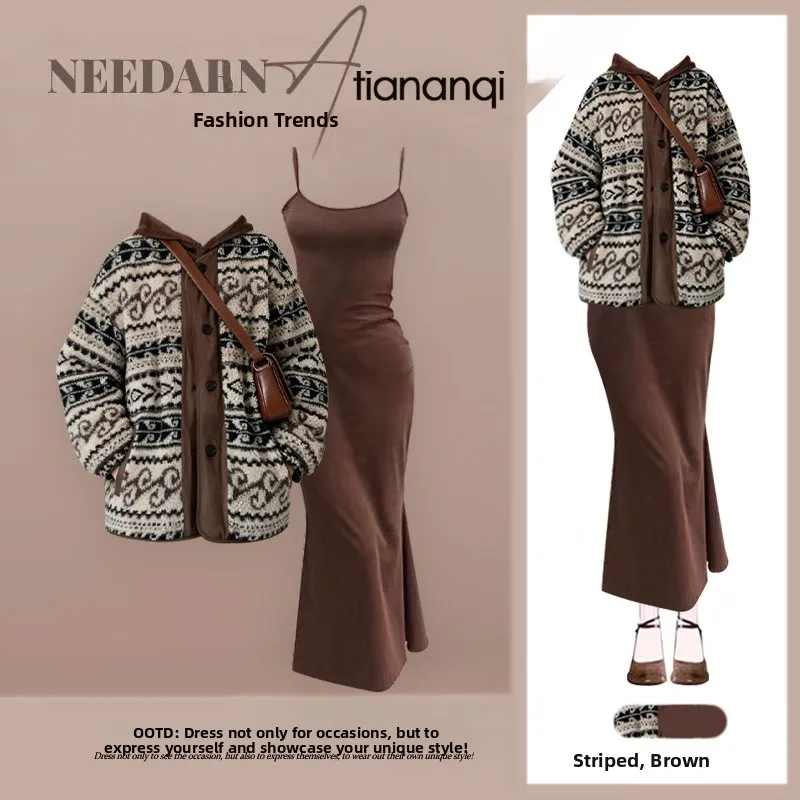 

Winter New American Retro Patchwork Cotton Jaet Loose Slimming ter Dr Two-Piece Set Women's Faion Outerwear Set