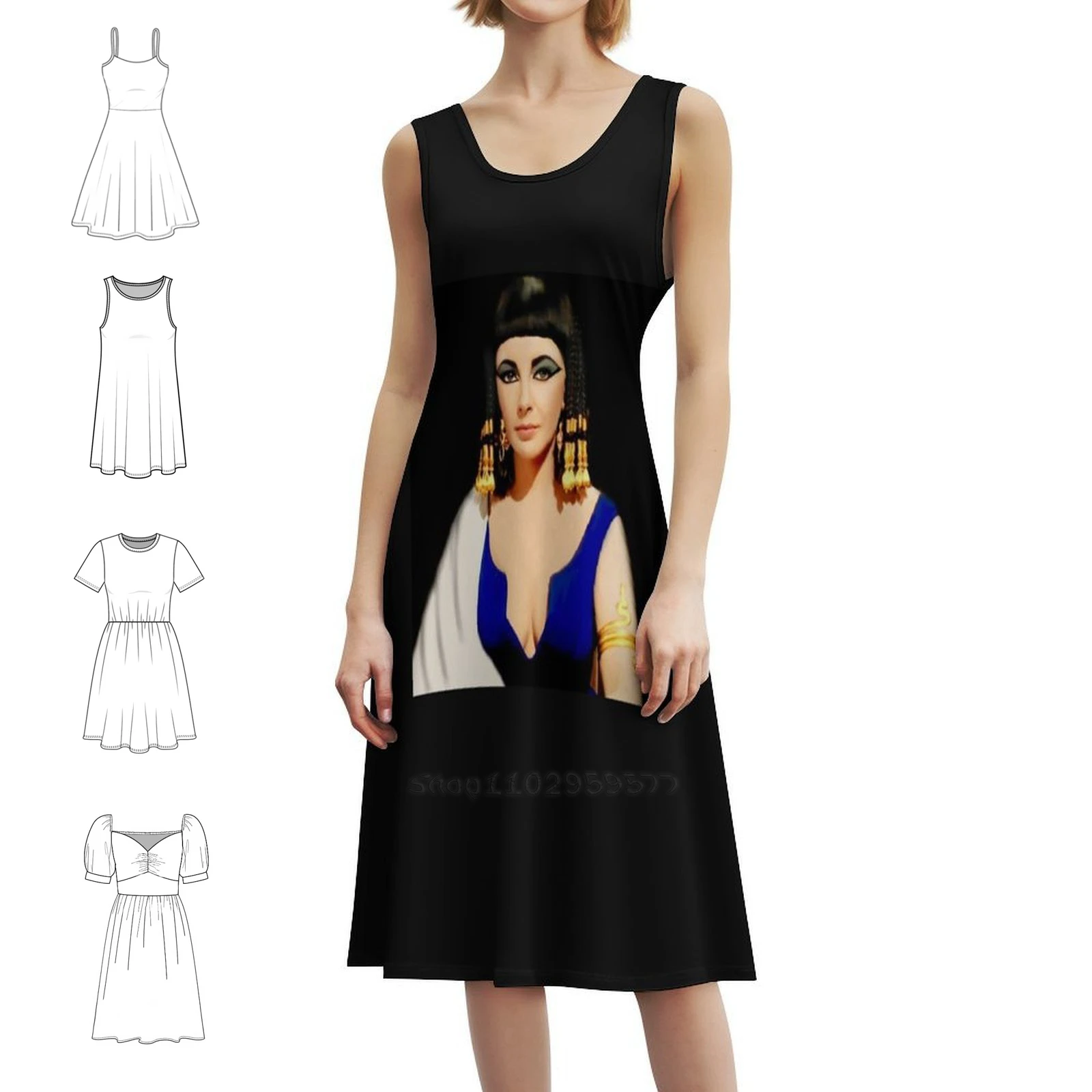 فستان Queen Of The Nile كلاسيكي T-S بوهيمي بدون أكمام للنساء مطبوع فساتين حفلات الشاطئ كليوباترا إليزابيث تايلور فرعون #1