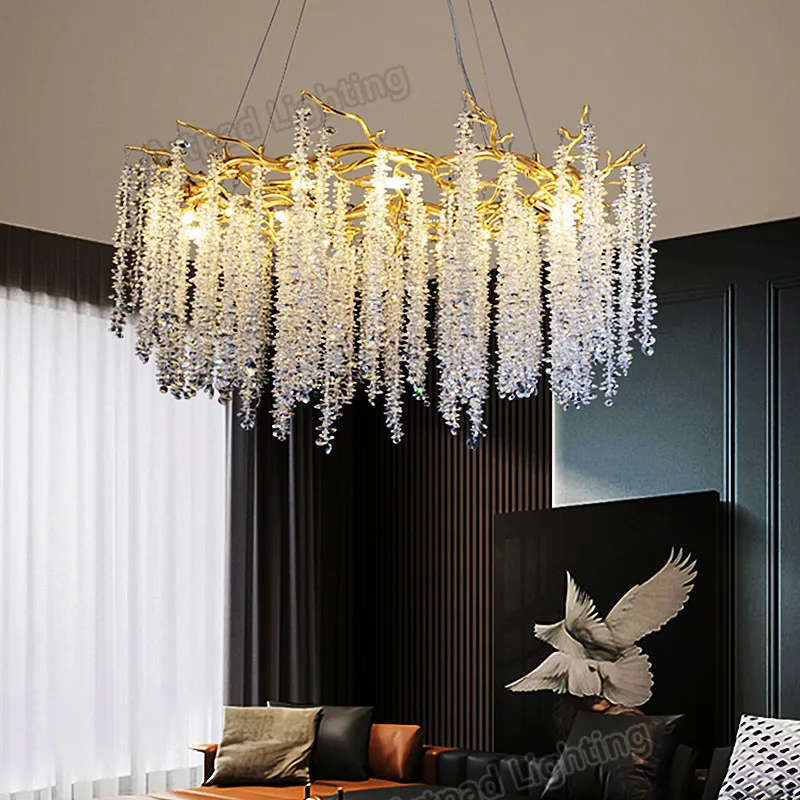 Europe Style Long Ceiling Chandelier Crystal Simple Branch Dining Room Lighting Aluminum Luxury Tassel Glass Round Chandeliers