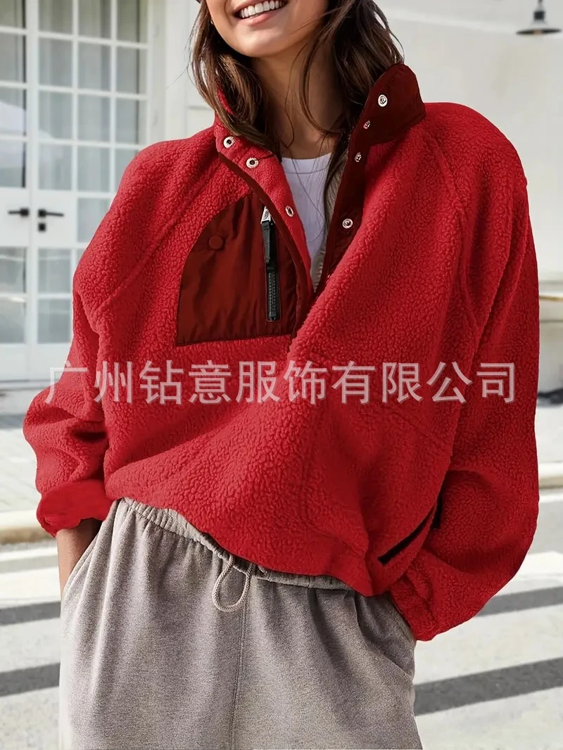 Fall Winter Loose Fashion Versatile Warm Top Women's Multi Pocket Fuzzy Pullover Color Block Half Open Collar Zipper Sweatshirt
