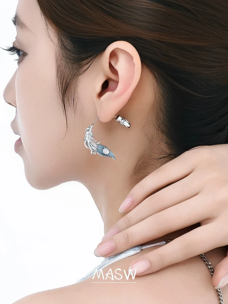 MASW Original Design Simply Cool Trend Blue Feather Earrings For Women Party Gifts Modern Jewelry 2026 Trend New Accessories