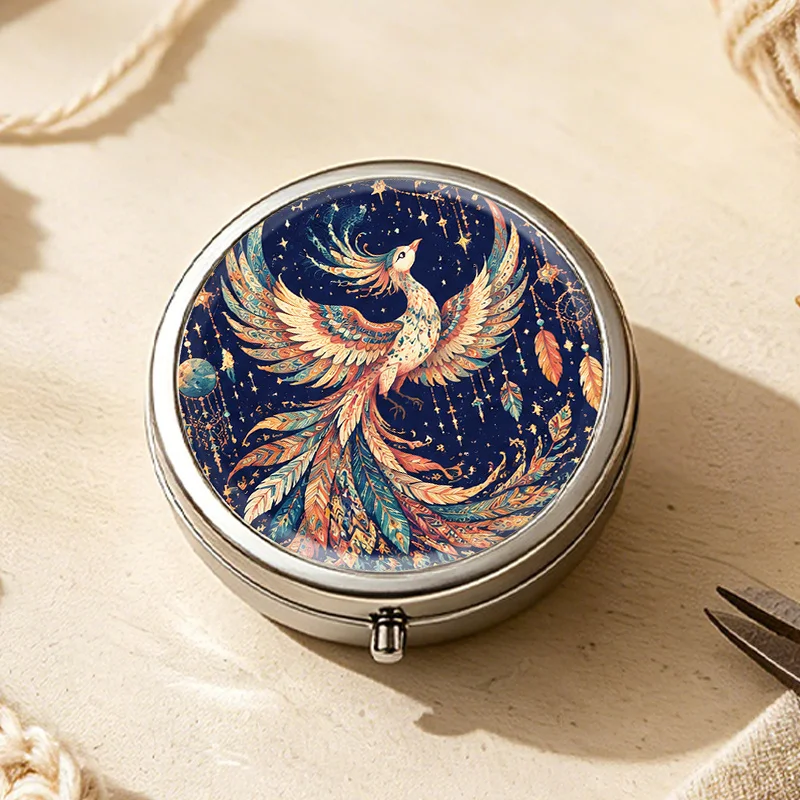 Single pack, flat print, deep space starry sky gradient color round multi-compartment portable box, sealed and moisture-proof, portable vitamin storage, small accessory organizer, dreamy and tranquil, suitable for both men and women