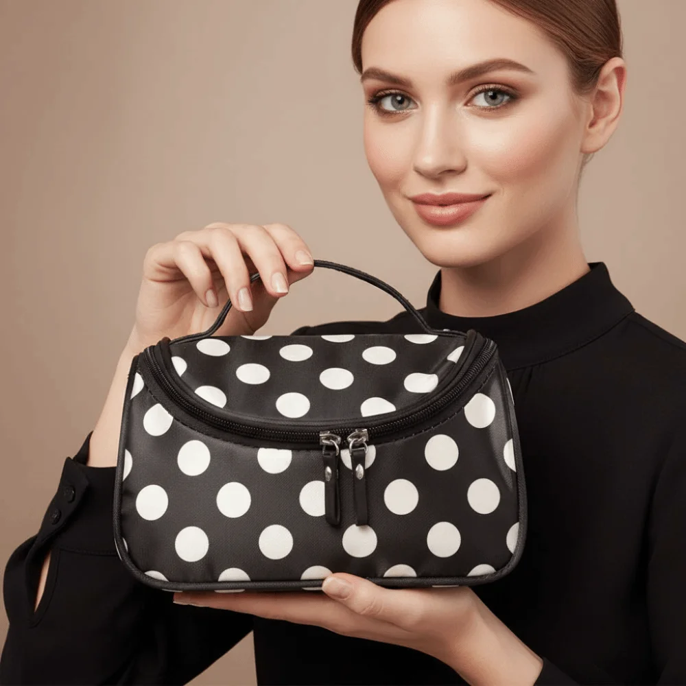 Fashionable Portable Makeup Bag Polka Dot Pattern Korean Style Travel Toiletry Bag Flip Design Large Capacity Handbag