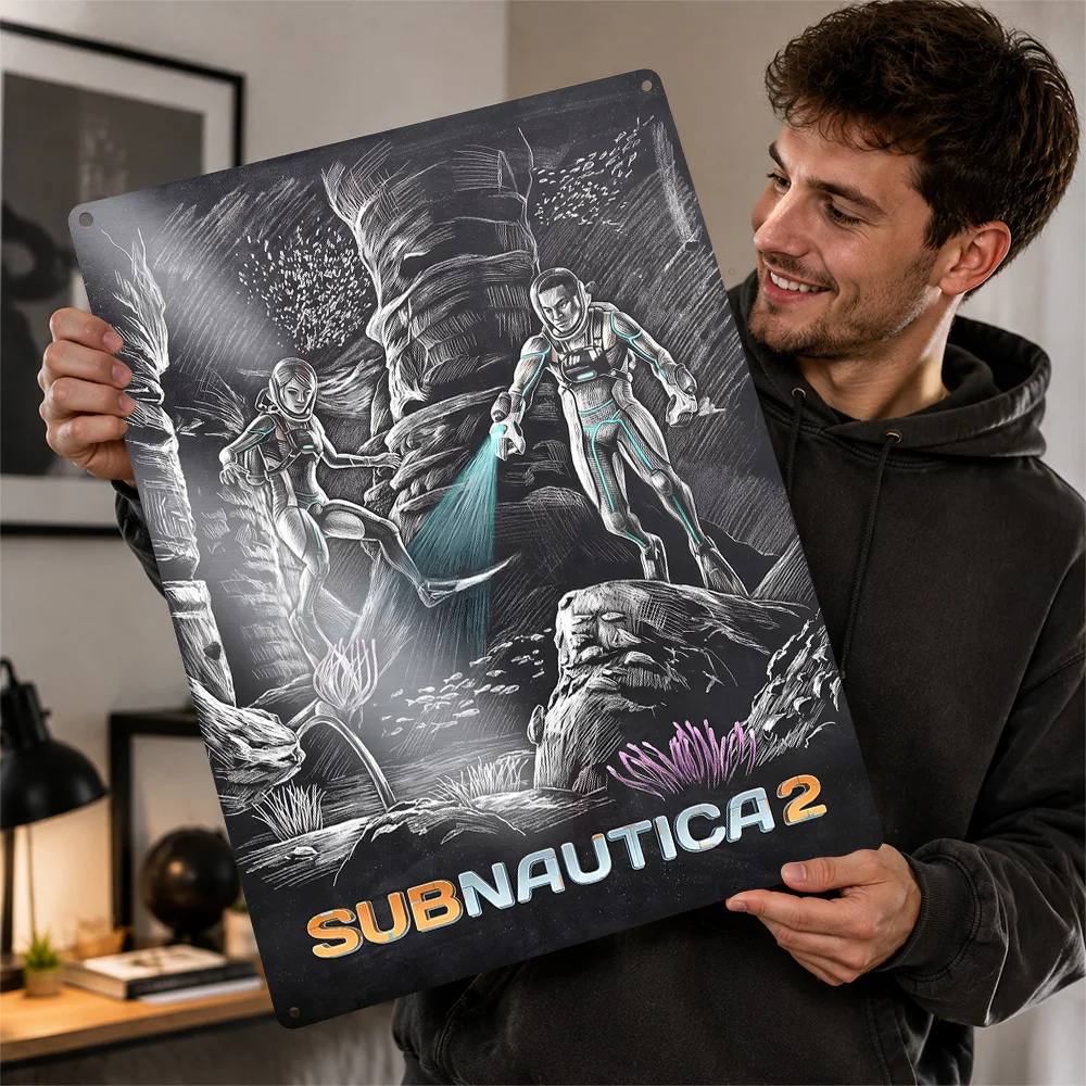Subnautica 2 Underwater Exploration Team Printed Poster Personalized Metal Sign Cosmic Mission Style Wall Art Media Room Decor