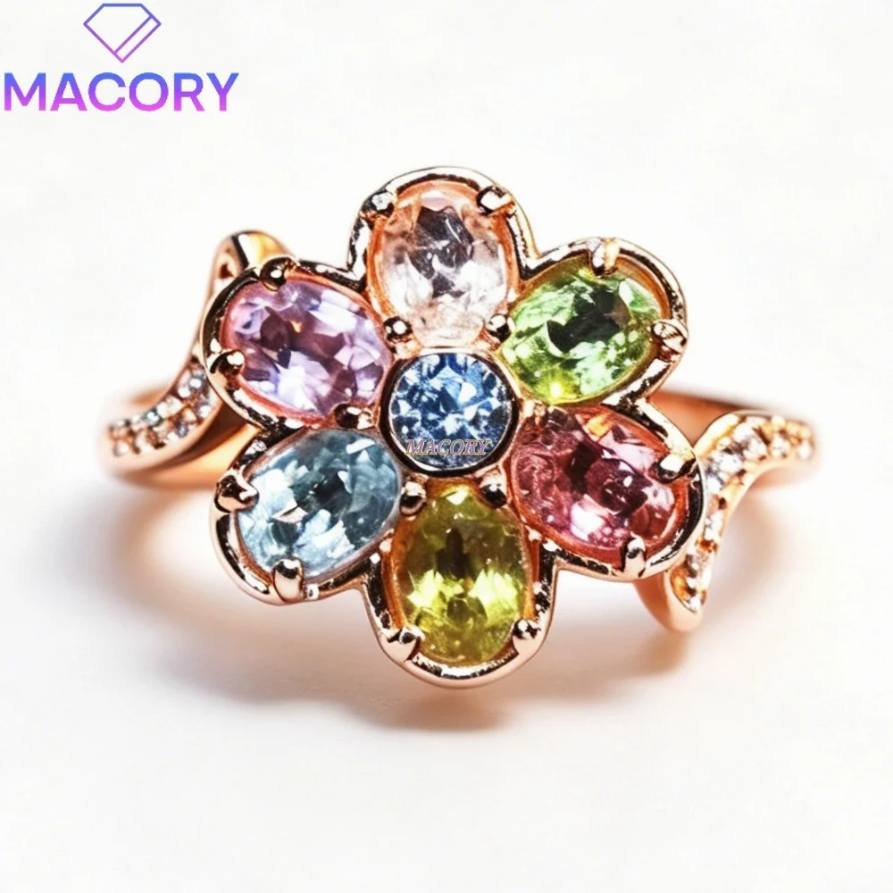 S925 sterling silver natural tourmaline ring with pure color and harmonious hues featuring a delicately crafted floral design