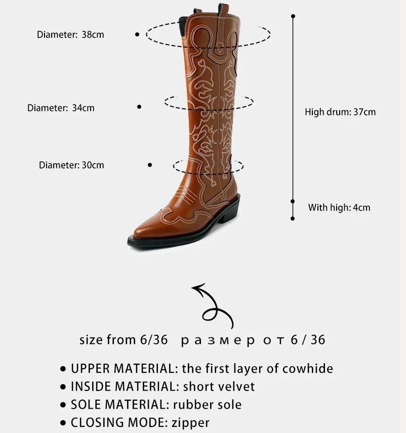 Ods Retro Embroidered Women\'s Western Boots Autumn And Winter Cowhide Square Head Thick Mid Heel Women\'s Knee Long Knight Boot41