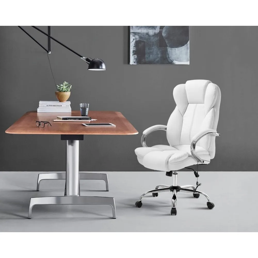 

Computer Armchair White PU Leather Massage Ergonomic Desk Chair Executive Task Rolling Swivel Lumbar Support for Home Office