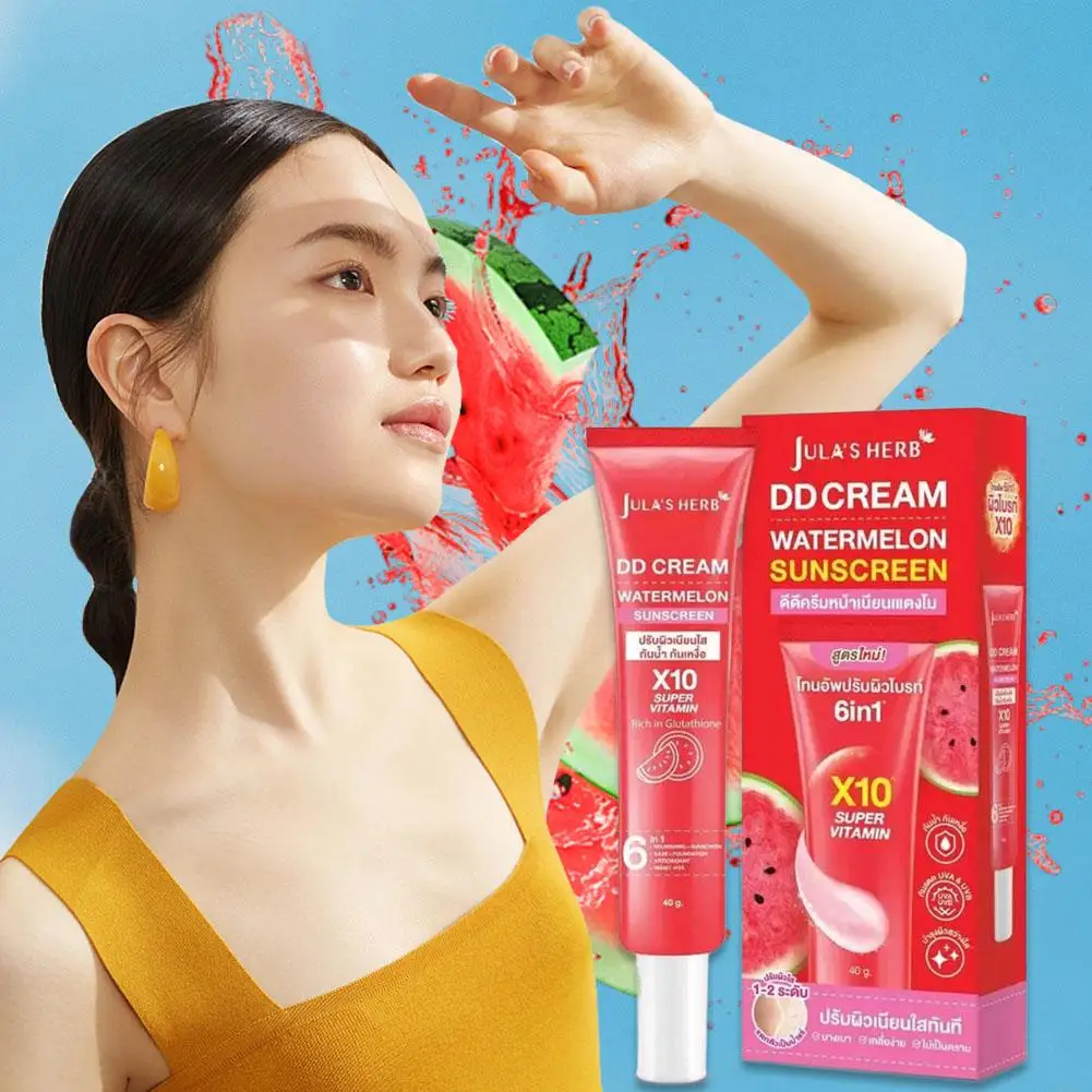 40g Watermelon DD Cream SPF50 Sunscreen 6 In 1 Brightening Face Primer Waterproof Bright Smooth Reduce Blemishes