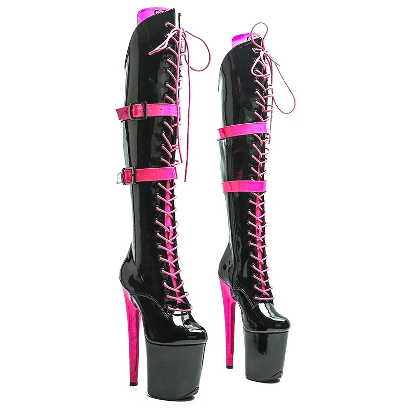 

Leecabe 20CM/8inches Patent PU black with hot pink color fashion lady High Heel platform stripper heel Pole Dance boots