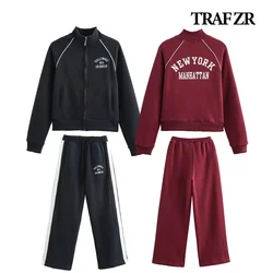 TRAF ZR Contrast Embroidered Text Sweatshirt Sets 2 Piece Sets Outifits High Collar Jacket Mid Elastic Waist Pants Side Stripe