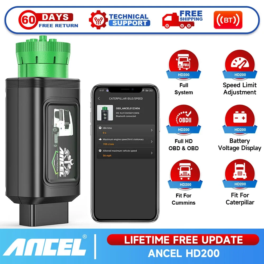 ANCEL HD200 OBD2 Heavy Duty Trucks Scanner All System Speed Limit Reset Diesel  for Cummins Caterpillar Code Reader 9 pin
