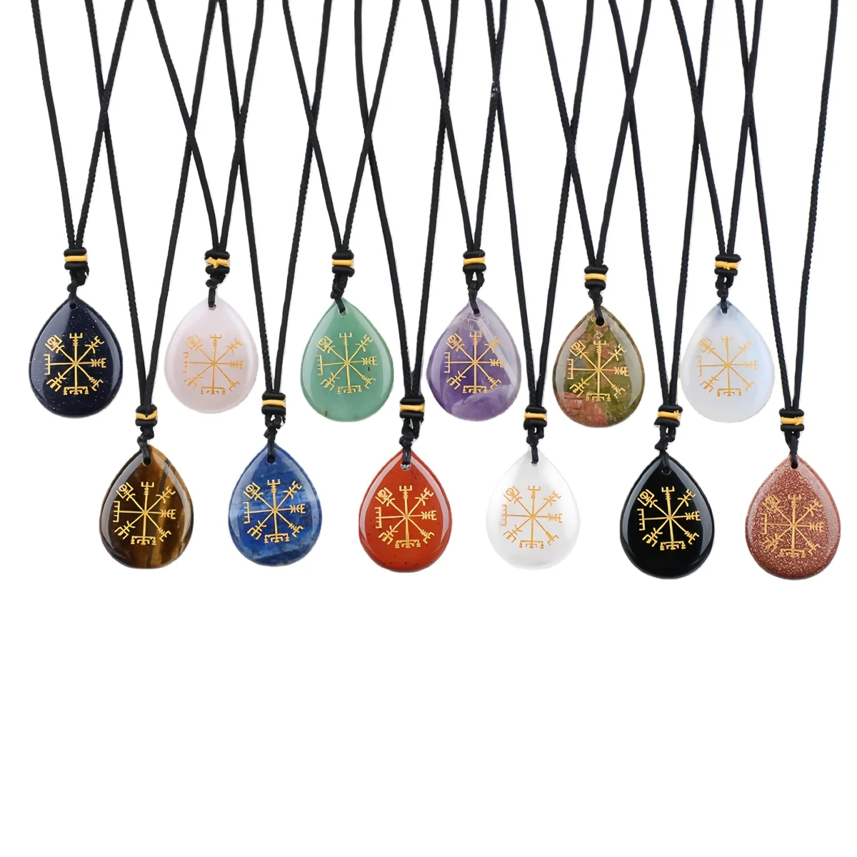 Hot Sales Healing Chakra Crystal Necklace Teardrop Gemstone Pendant  Adjustable Rope Chain with Craved AIM Logo